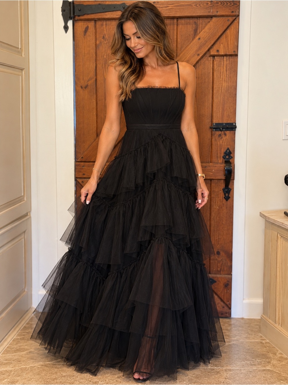 BCBGMaxAzria Black Tiered Tulle Maxi Dress
